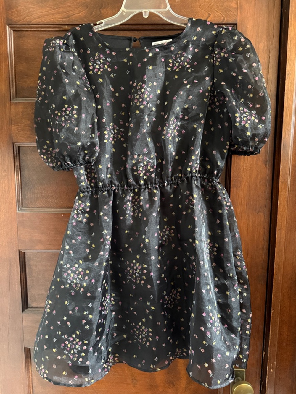 Black Floral Puff-Sleeve Midi Dress